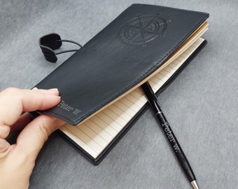 Personalized Vegan Leather Journal Gift Set: Engraved Compass Notebook & Pen