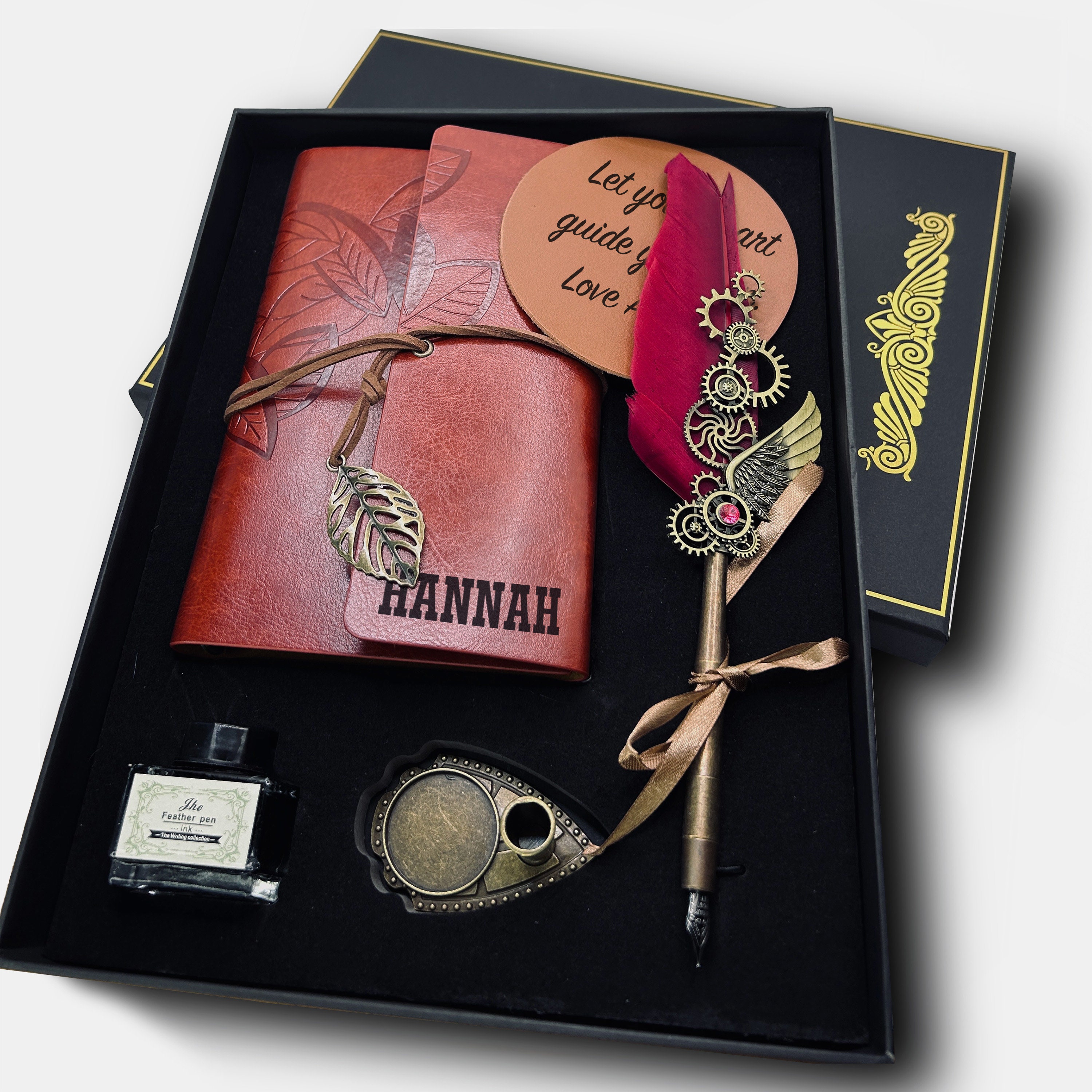 HUAWELL Antike Federkiel-Set – Mit Federstift, 5 Federn, Tinte & Geschenkbox, Für Kalligrafie & Stilvolles Schreiben
