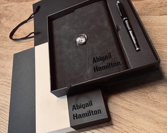 Set de regalo de diario de cuero vegano personalizado, bolígrafo grabado y caja personalizada