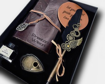 Personalized Calligraphy Set - Feather Quill Pen, Vegan Leather Journal