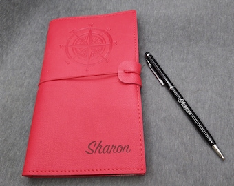 Personalized Vegan Leather Journal with Compass, Custom Name Notebook and Pen