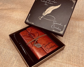 Set de regalo de diario de cuero vegano personalizado / Lápiz óptico grabado / Regalo para nuevo trabajo