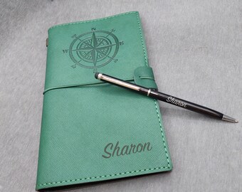 Personalized Vegan Leather Journal Gift Set: Engraved Compass, Touchscreen Pen