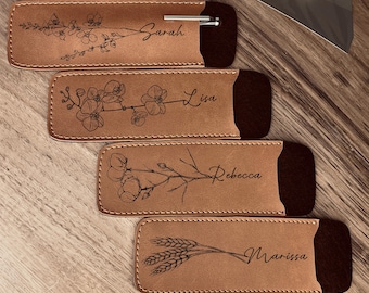 Estuche de cuero vegano con diseño floral personalizado - Portabolígrafos con nombre personalizado