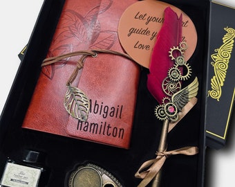 Set de regalo de caligrafía personalizada: pluma de ave, diario personalizado