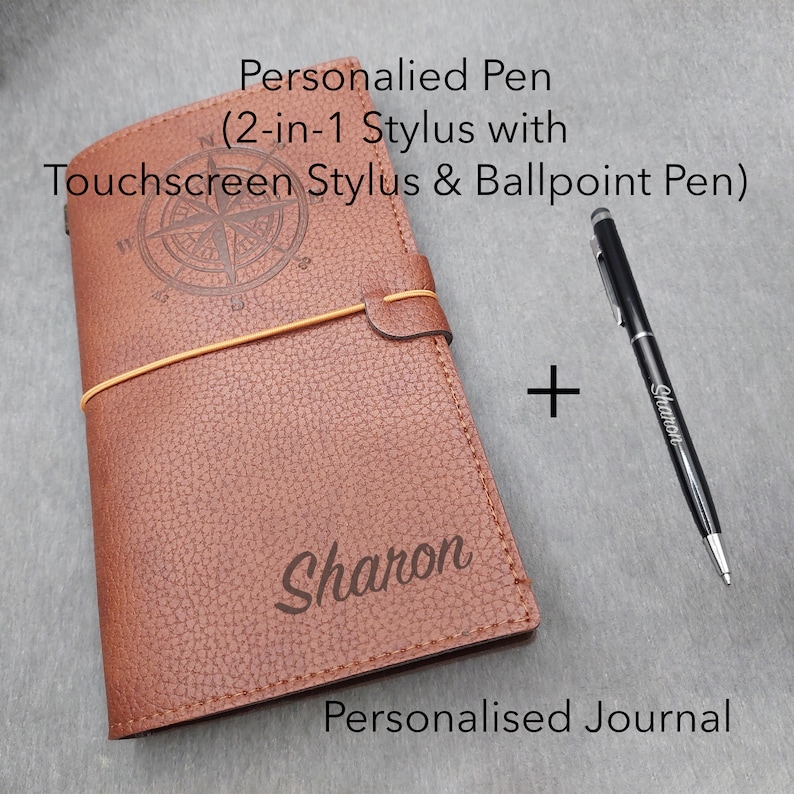 Gift Set / Personalized Leather Notebook with Customized Touchscreen Pen / Engraved Journal (Blank, Lined, Grid) Included / Anniversary Gift
