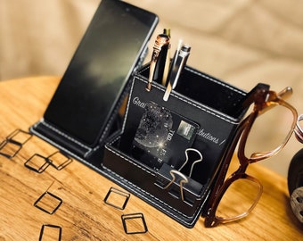 Organizador de escritorio de cuero vegano personalizado - Juego de mesa de oficina con nombre grabado