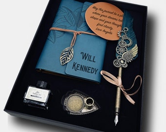 Set de caligrafía grabada: diario personalizado, pluma de ave, cuero vegano, regalo de cumpleaños