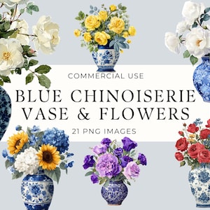 Chinoiserie Vase with Flowers PNG, Blue White Floral Clipart,  Wedding Invitation Graphics, Blue Grandmillenial, Download Commercial Use