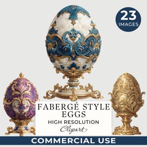 May include: Three decorative eggs on stands featuring intricate relief patterns. The central egg is white and blue with gold accents, the left is purple and gold, and the right is solid gold. Text reads: FABERGÉ STYLE EGGS HIGH RESOLUTION Clipart.
