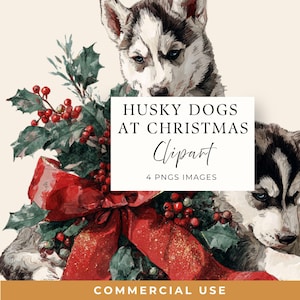 Husky Dog Christmas Clipart, Cute Puppies Christmas Watercolor, Sled Dog Holidays PNG, Transparent