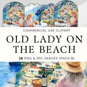 Clipart de anciana en verano, abuela viajera solitaria PNG, Costa de Amalfi, acuarela para personas mayores, relajante, descarga para uso comercial