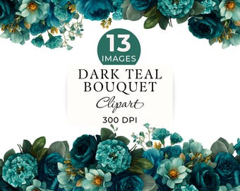 Dark Teal Bouquet Clipart, Blue Green Florals Watercolor, 13 Transparent PNGs