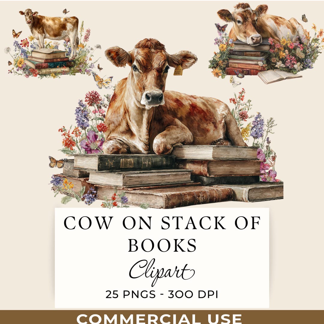 Cow on Stack of Books Clipart, Cattle With Flowers Watercolor, 25 ...