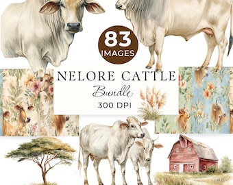 Nelore Cow Clipart Bundle, Watercolor Farm Animal PNG, 83 Transparent Images