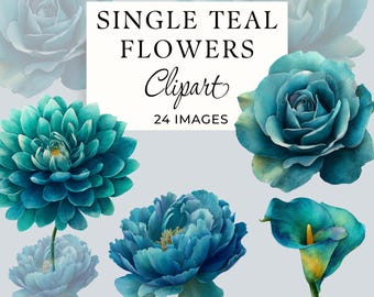 Clipart di fiori verde acqua scuro, singoli fiori ad acquerello PNG, 24 immagini trasparenti