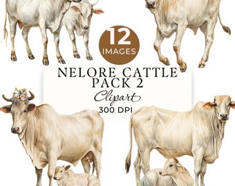 Nelore Cow & Calf Clip Art, Watercolor Farm Animals PNG, 12 Transparent Images