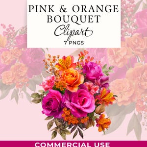 Clipart floral rosa intenso y naranja, imágenes prediseñadas vibrantes para invitaciones y manualidades, 7 imágenes