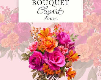 Hot Pink and Orange Floral PNG, Vibrant Clipart For Invitations & Crafts, 7 Images