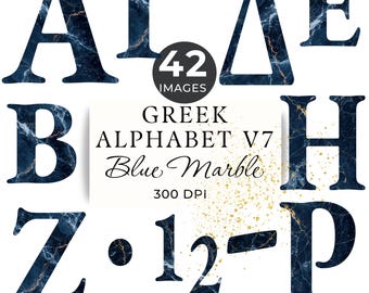 Greek Alphabet Clipart, Blue Gold Marble Fonts, 42 Transparent Letters Numbers & Punctuation