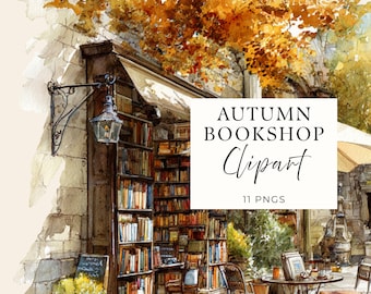 Autumn Bookish Clipart, Fall Book Store Front Watercolor, 11 Transparent PNGs, Commercial