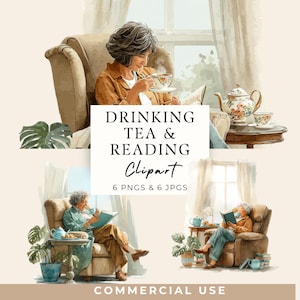 Drinking Tea and Reading PNG, Cozy Clipart for Book Lovers, 6 Transparent PNGs, 6 JPEGs