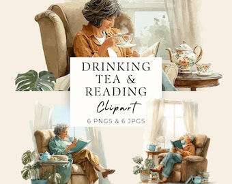 Drinking Tea and Reading PNG, Cozy Clipart for Book Lovers, 6 Transparent PNGs, 6 JPEGs