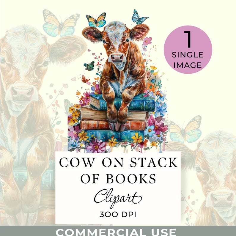 Cow on a Stack of Books Clipart, Farm Animal Single Image, 1 ...