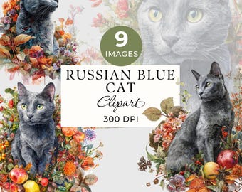Russian Blue Cat Clipart, Cottage Core Style Watercolor PNG, 9 Commercial Use Images