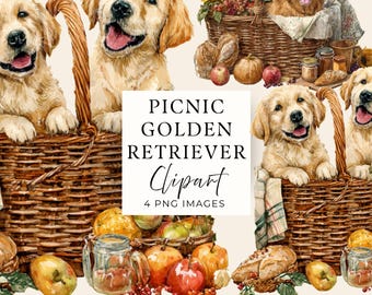 Golden Retriever Autumn Clipart, Adorable Dog in a Picnic Basket, 4 Transparent PNG