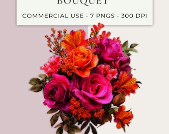 Pode incluir: Um arranjo floral digital com rosas e alstroemérias em tons vibrantes de rosa e laranja com folhagem verde. O texto diz PINK & ORANGE BOUQUET, COMMERCIAL USE - 7 PNGS - 300 DPI. Este conjunto inclui sete arquivos de alta resolução.