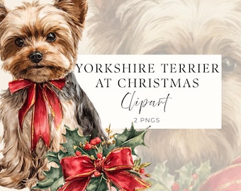 Yorkshire Terrier Clipart, Yorkie Weihnachten Aquarell PNG, kommerzielle Nutzung, 2 Hunde Illustrationen