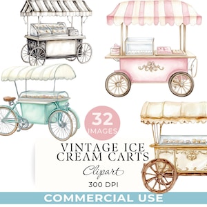 Ice Cream Cart Clipart - Watercolor Vintage Gelato Cabinet For Sweet Treats and Events