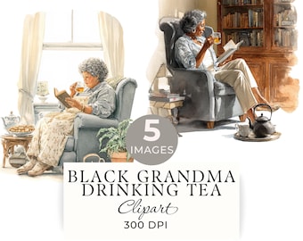 Grandma Drinking Tea Clipart, African American Old Woman PNG
