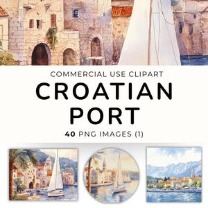 Croatia Port Scene Clip art, Nautical printable art, Watercolor marine graphics, downloadable illustration,  Harbours of Rijeka, Commercial
