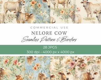 Nelore Cattle Seamless Pattern and Watercolor Cow Borders, 28 JPG Images