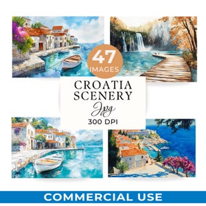 Może przedstawiać: Kolekcja sztuki cyfrowej z akwarelami przedstawiającymi krajobrazy Chorwacji. Obrazy przedstawiają nadmorskie miasteczka z czerwonymi dachami, łodziami i czystą błękitną wodą. Tekst na obrazie brzmi "47 Images, Croatia Scenery, Jpg, 300 DPI, Commercial Use."
