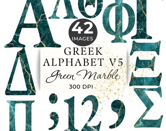 Greek Alphabet Clipart, Dark Green Marble Fonts, 42 Transparent Letters Numbers & Punctuation
