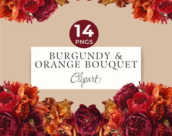 Burgundy & Rust Bouquet Clipart: Autumn Flowers for Weddings, Funerals PNG, 14 Commercial Use Images