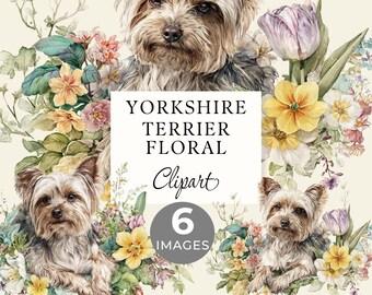 Yorkshire Terrier Floral Clipart, Small Dog Breed watercolor with Flowers, 5 Transparent PNGs