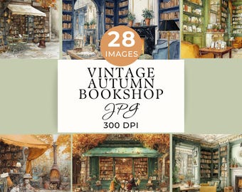 Autumn Bookshop JPGs, Vintage Watercolor Store for Book Lovers, 28 Digital Papers