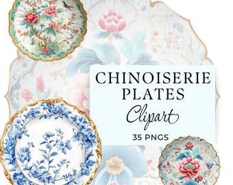Chinoiserie Plates Png, Watercolor Vintage Floral Clipart, 35 Transparent Images