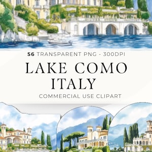 Lake Como Clipart, Watercolor Italy Art, Italian Tourist PNG, High Quality Digital Download, Printable Art for Crafts, Mediterranean Image