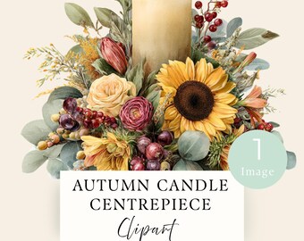 Autumn Floral Candle Clipart, Fall Table Decoration PNG, Single Transparent Image