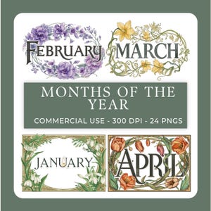 May include: A digital graphic set featuring the text MONTHS OF THE YEAR, COMMERCIAL USE, 300 DPI, 24 PNGS. It displays four rectangular illustrations labelled FEBRUARY with purple flowers, MARCH with yellow flowers, JANUARY with white flowers, and APRIL with orange tulips.