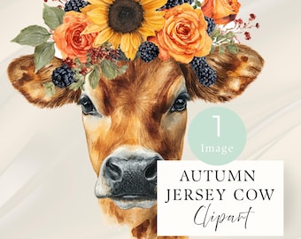 Jersey Cow Head Clipart, Fall Floral Farm Animal Watercolor, 1 Single Transparent Image