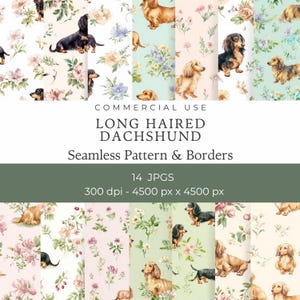 May include: A digital collection of seamless patterns and borders featuring watercolor long-haired dachshunds and floral arrangements in shades of pink, cream, and light green. Text reads: COMMERCIAL USE LONG HAIRED DACHSHUND Seamless Pattern & Borders 14 JPGS 300 dpi - 4500 px x 4500 px.