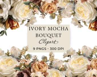 Ivory and Mocha Bouquet Clipart, Luxury Watercolor Flowers for Weddings Crafting, 11 Commercial PNGs