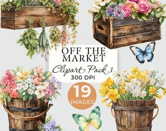 Container Gardening Flowers Clipart, 13 Rustic Floral Vintage Crates & Wooden Barrels - 6 Butterflies
