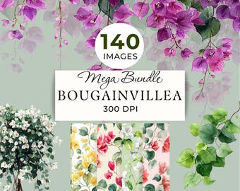 Watercolor Bougainvillea Clipart Mega Bundle, 140 Mediterranean Floral PNG & Seamless Patterns